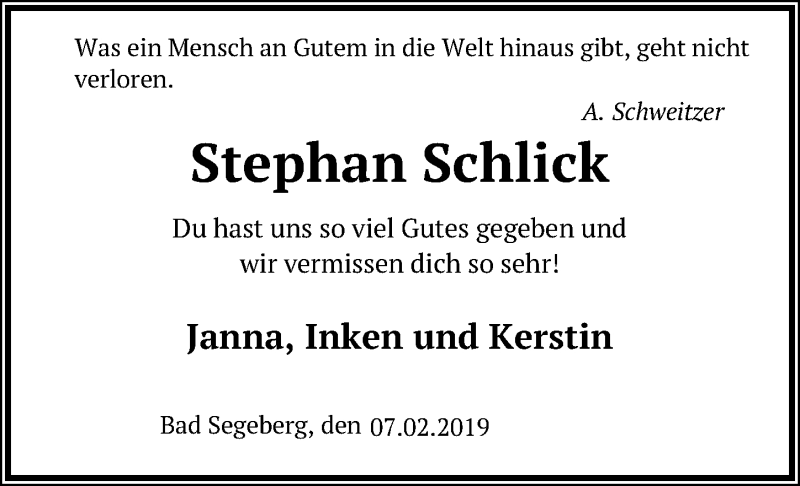  Traueranzeige für Stephan Schlick vom 07.02.2019 aus Lübecker Nachrichten