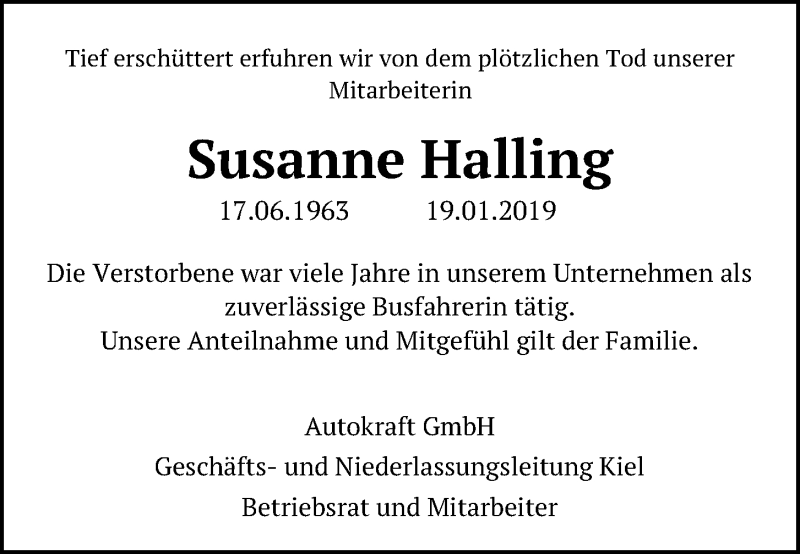  Traueranzeige für Susanne Halling vom 02.02.2019 aus Kieler Nachrichten