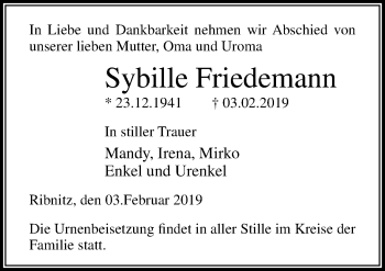 Traueranzeige von Sybille Friedemann von Ostsee-Zeitung GmbH