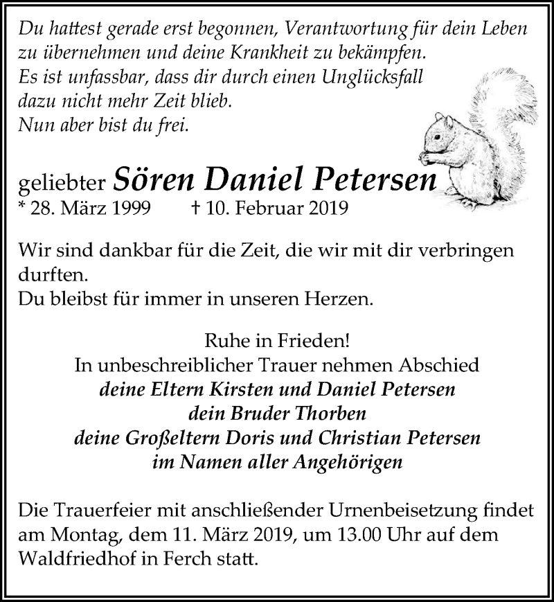  Traueranzeige für Sören Daniel Petersen vom 16.02.2019 aus Märkischen Allgemeine Zeitung