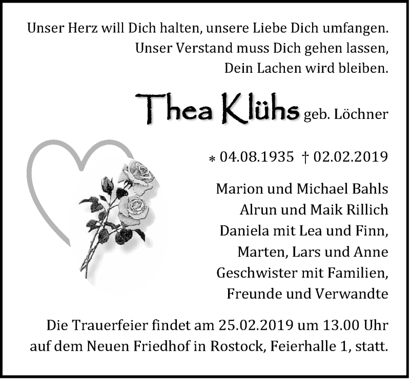  Traueranzeige für Thea Klühs vom 09.02.2019 aus Ostsee-Zeitung GmbH