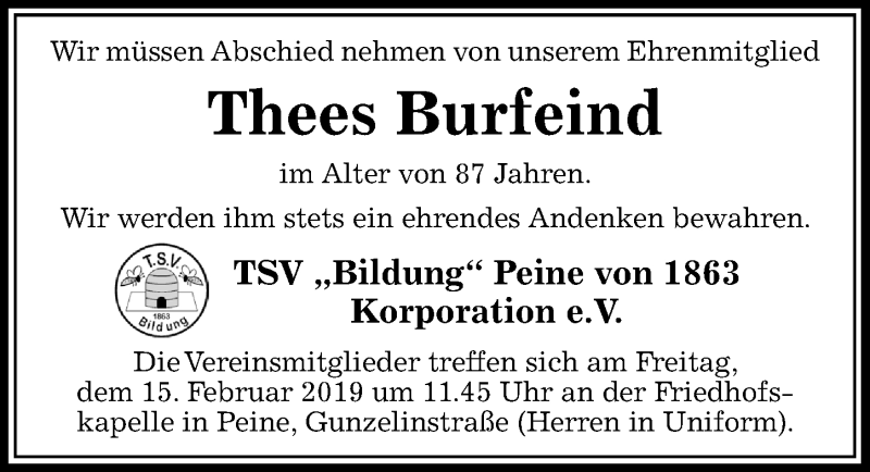  Traueranzeige für Thees Burfeind vom 14.02.2019 aus Peiner Allgemeine Zeitung