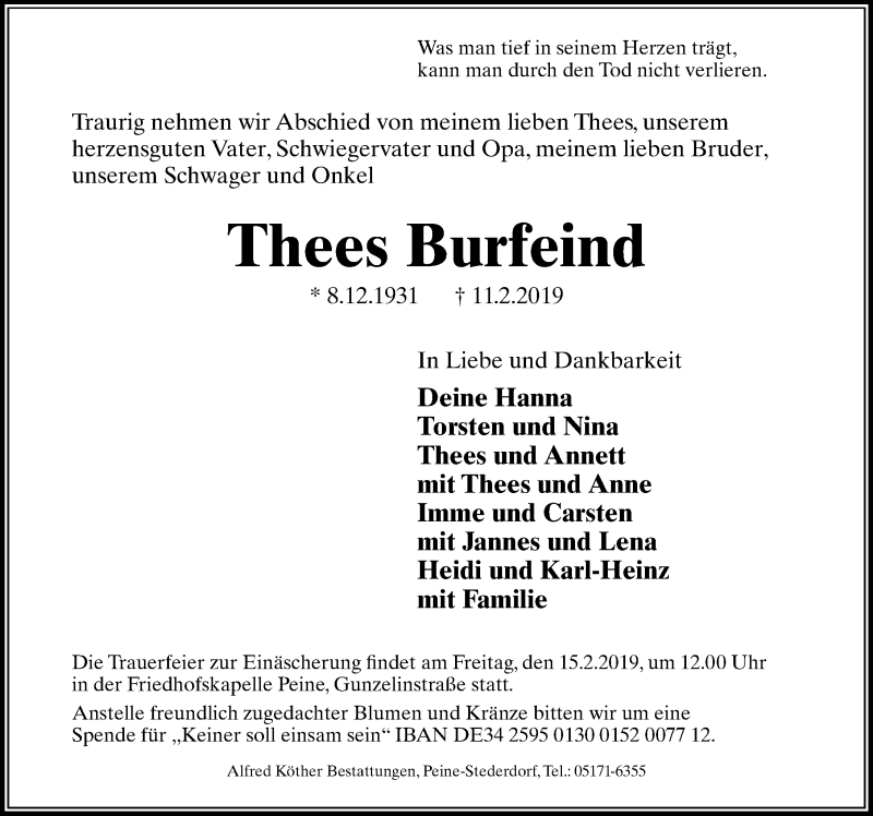  Traueranzeige für Thees Burfeind vom 13.02.2019 aus Peiner Allgemeine Zeitung