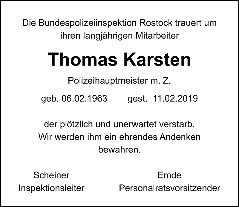  Traueranzeige für Thomas Karsten vom 16.02.2019 aus Ostsee-Zeitung GmbH