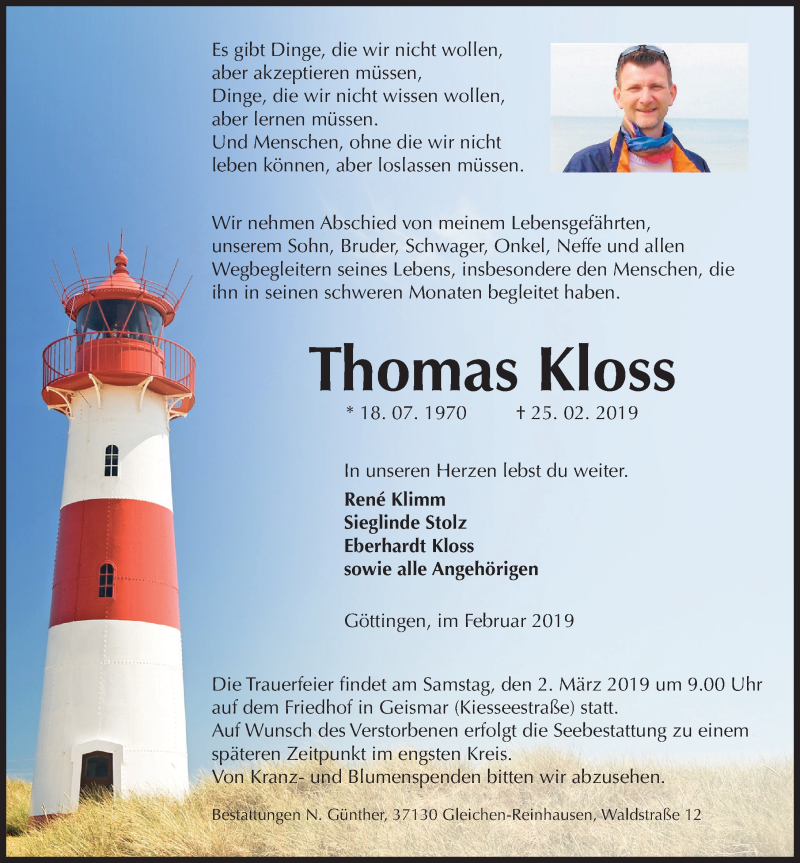  Traueranzeige für Thomas Kloss vom 28.02.2019 aus Göttinger Tageblatt