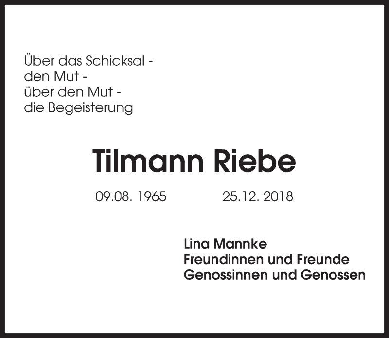  Traueranzeige für Tilmann Riebe vom 01.02.2019 aus Hannoversche Allgemeine Zeitung/Neue Presse