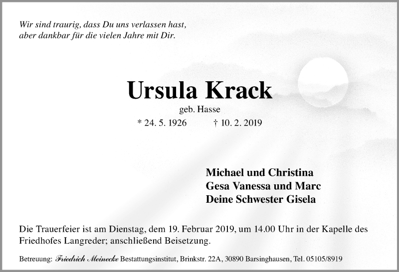  Traueranzeige für Ursula Krack vom 13.02.2019 aus Hannoversche Allgemeine Zeitung/Neue Presse