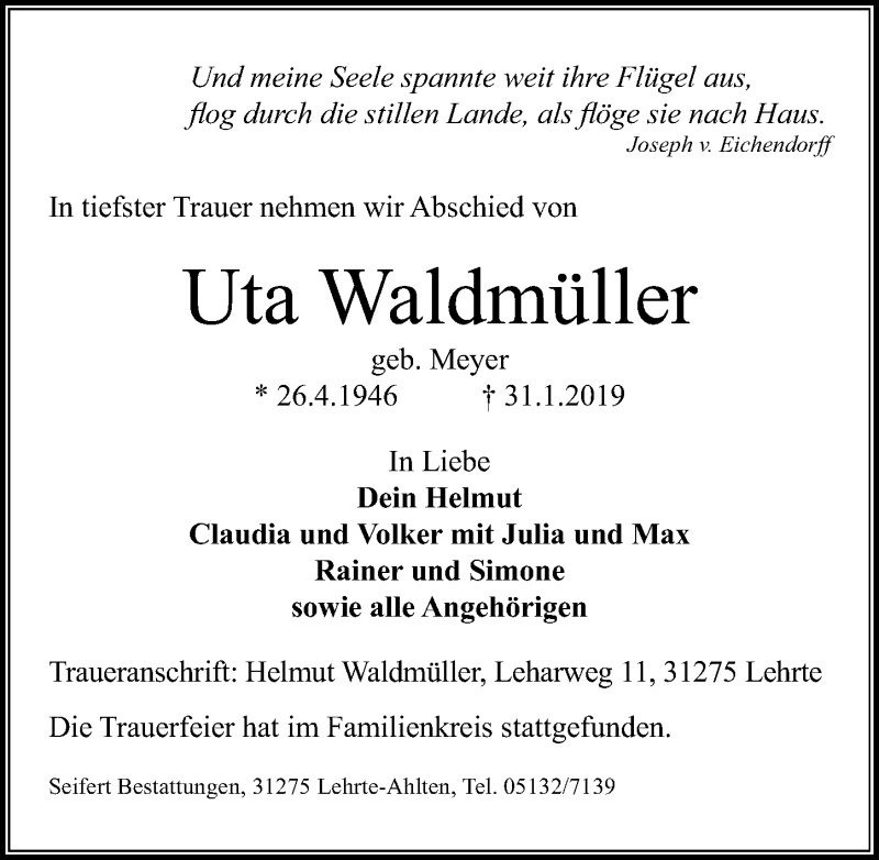  Traueranzeige für Uta Waldmüller vom 09.02.2019 aus Hannoversche Allgemeine Zeitung/Neue Presse