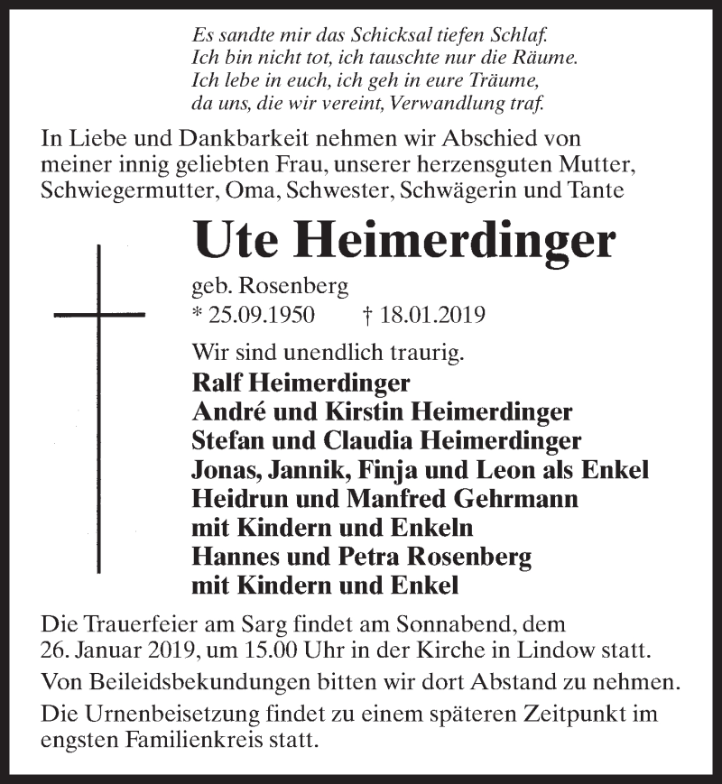  Traueranzeige für Ute Heimerdinger vom 22.01.2019 aus Märkischen Allgemeine Zeitung