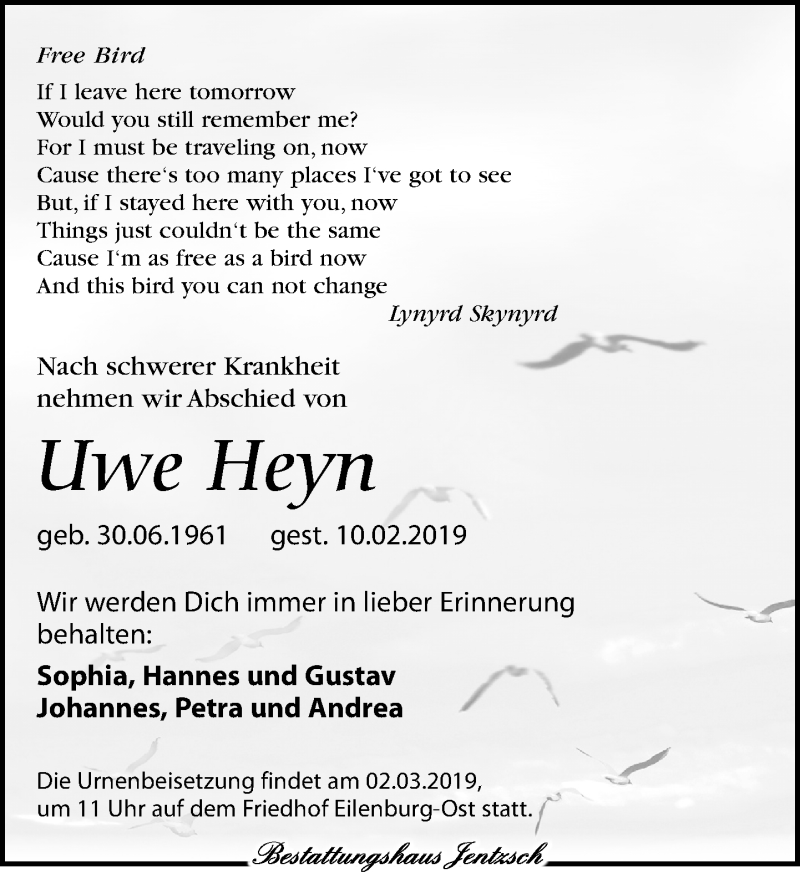  Traueranzeige für Uwe Heyn vom 16.02.2019 aus Leipziger Volkszeitung