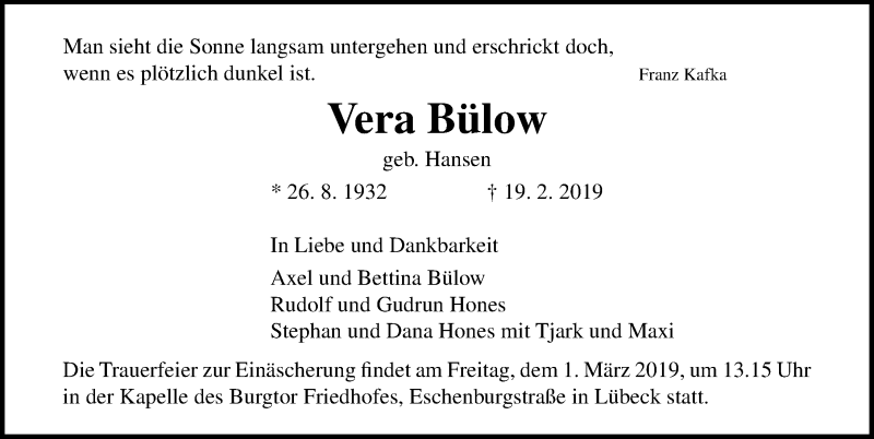  Traueranzeige für Vera Bülow vom 24.02.2019 aus Lübecker Nachrichten
