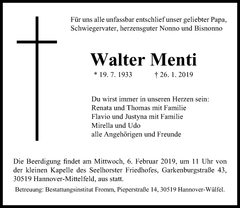 Traueranzeige für Walter Menti vom 02.02.2019 aus Hannoversche Allgemeine Zeitung/Neue Presse