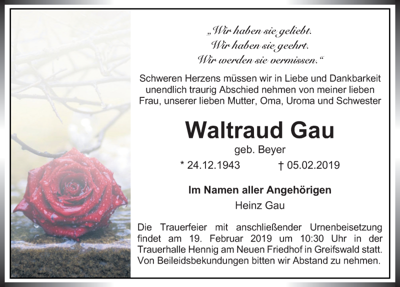  Traueranzeige für Waltraud Gau vom 09.02.2019 aus Ostsee-Zeitung GmbH