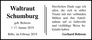 Traueranzeige von Waltraut Schumburg von Lübecker Nachrichten