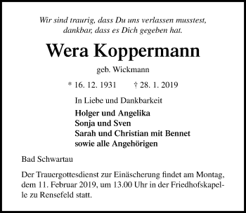 Traueranzeige von Wera Koppermann von Lübecker Nachrichten