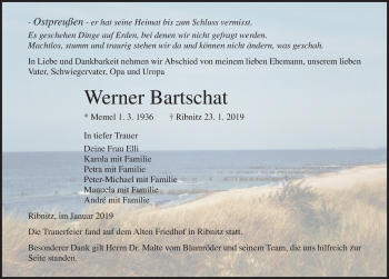 Traueranzeige von Werner Bartschat von Ostsee-Zeitung GmbH