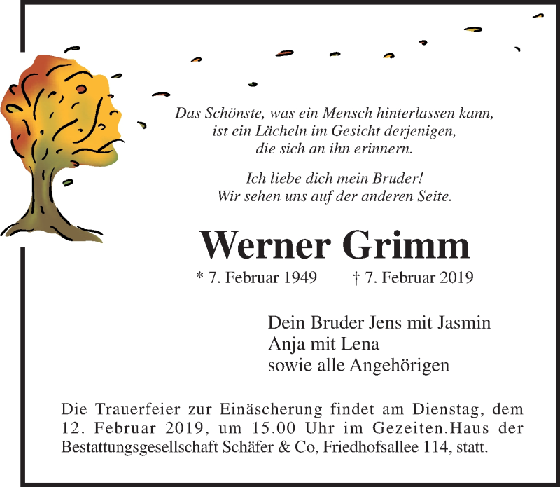  Traueranzeige für Werner Grimm vom 10.02.2019 aus Lübecker Nachrichten
