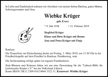 Traueranzeige von Wiebke Krüger von Lübecker Nachrichten