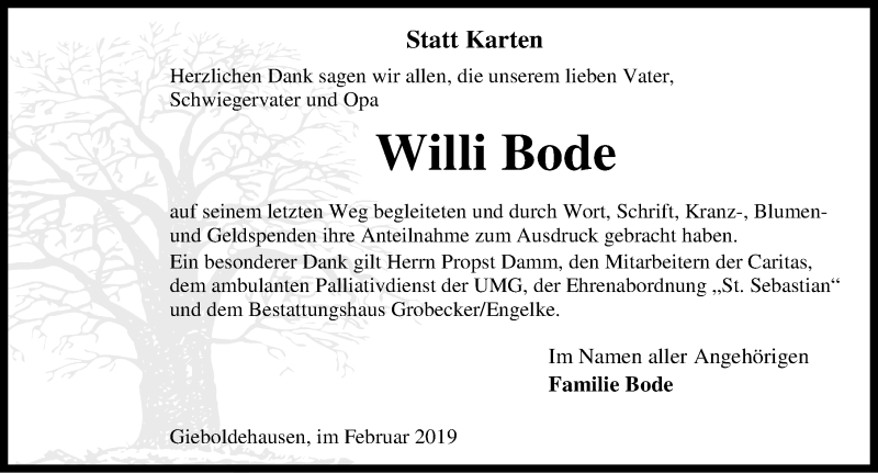  Traueranzeige für Willi Bode vom 16.02.2019 aus 