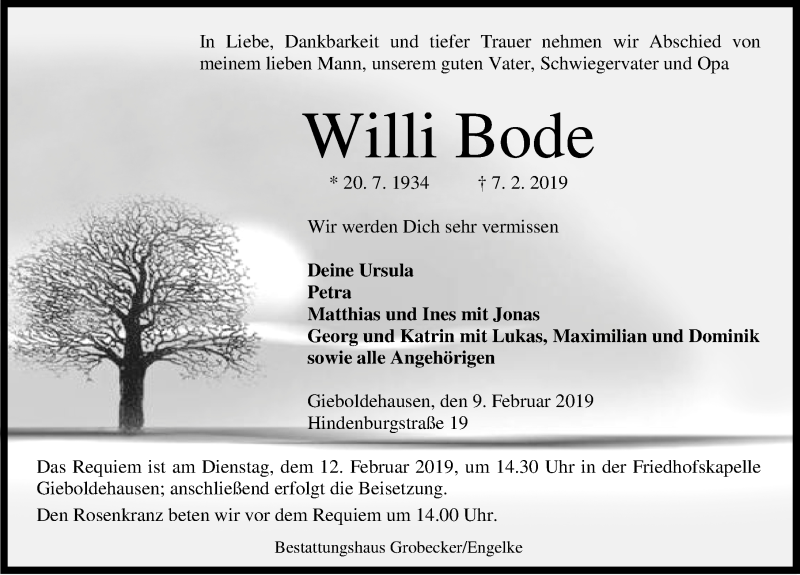  Traueranzeige für Willi Bode vom 09.02.2019 aus 