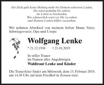 Traueranzeige von Wolfgang Lenke von Märkischen Allgemeine Zeitung