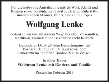 Traueranzeige von Wolfgang Lenke von Märkischen Allgemeine Zeitung