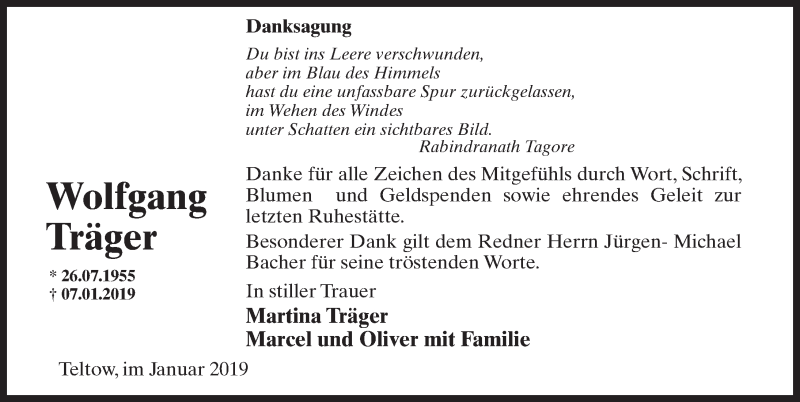  Traueranzeige für Wolfgang Träger vom 02.02.2019 aus Märkischen Allgemeine Zeitung