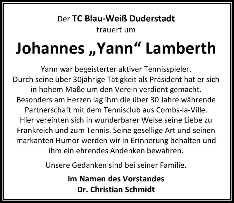 Traueranzeige für Yann Lamberth vom 20.02.2019 aus Eichsfelder Tageblatt