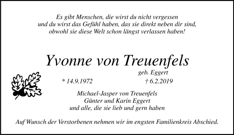  Traueranzeige für Yvonne von Treuenfels vom 16.02.2019 aus Lübecker Nachrichten