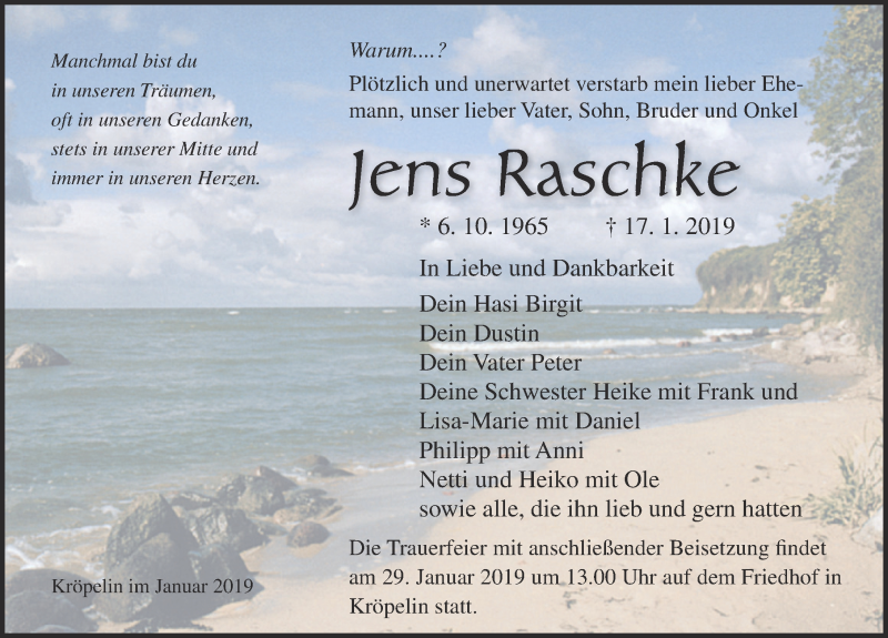  Traueranzeige für Jens Raschke vom 26.01.2019 aus 