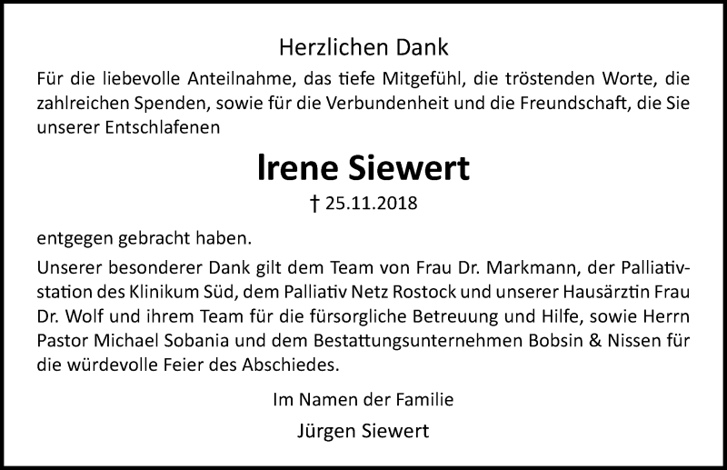  Traueranzeige für lrene Siewert vom 26.01.2019 aus Ostsee-Zeitung GmbH