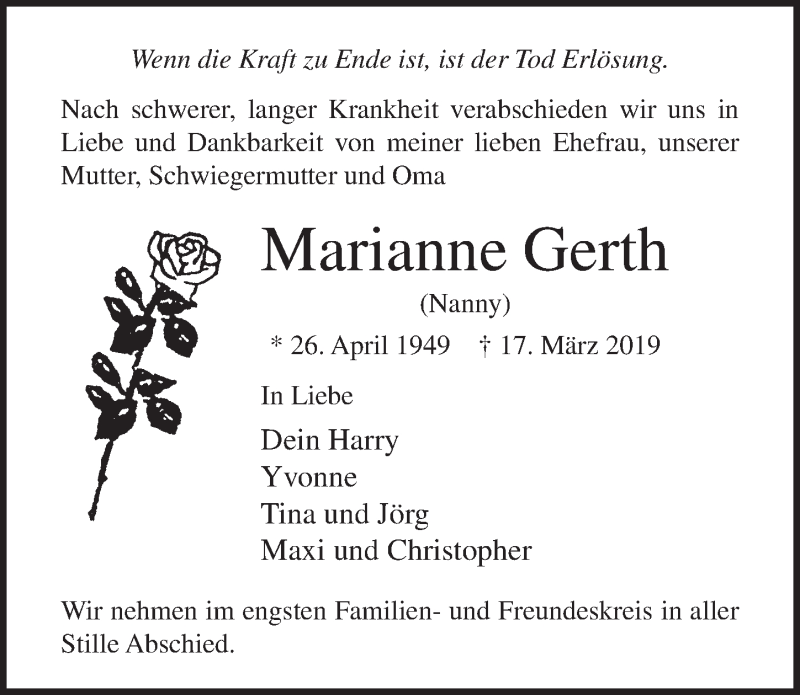  Traueranzeige für Marianne Gerth vom 24.03.2019 aus Lübecker Nachrichten GmbH