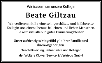 Traueranzeige von Beate Giltzau von Kieler Nachrichten