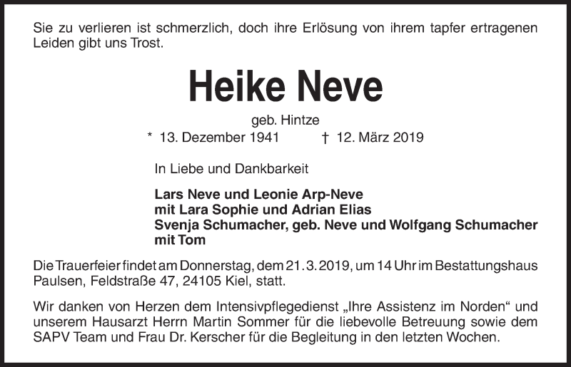  Traueranzeige für Heike Neve vom 16.03.2019 aus Kieler Nachrichten