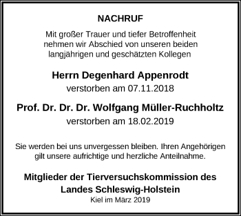 Traueranzeige von Wolfgang Müller-Ruchholtz von Kieler Nachrichten
