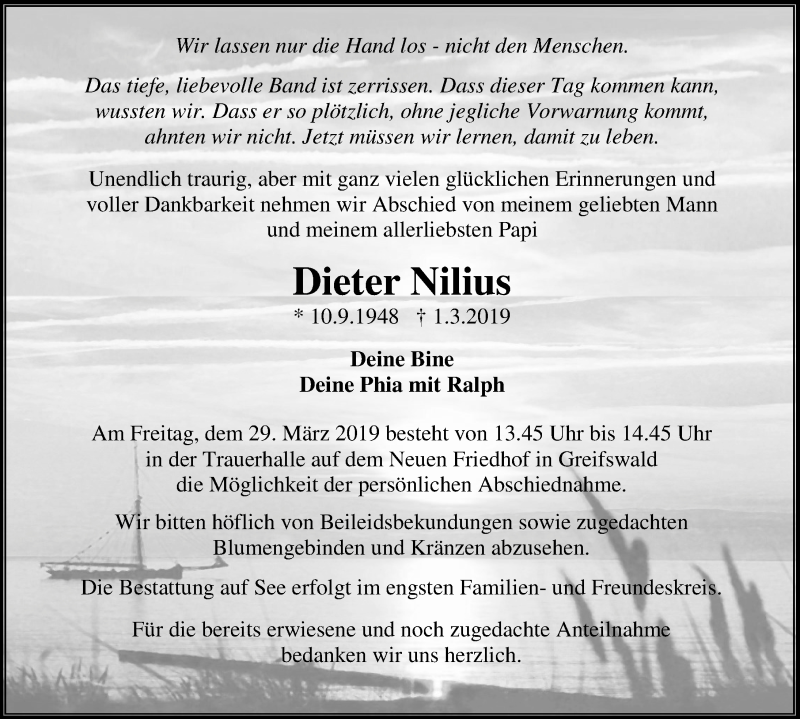  Traueranzeige für Dieter Nilius vom 16.03.2019 aus Ostsee Zeitung