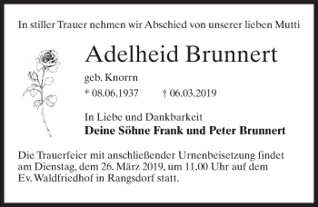 Traueranzeige von Adelheid Brunnert von Märkischen Allgemeine Zeitung