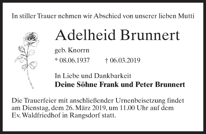  Traueranzeige für Adelheid Brunnert vom 16.03.2019 aus Märkischen Allgemeine Zeitung