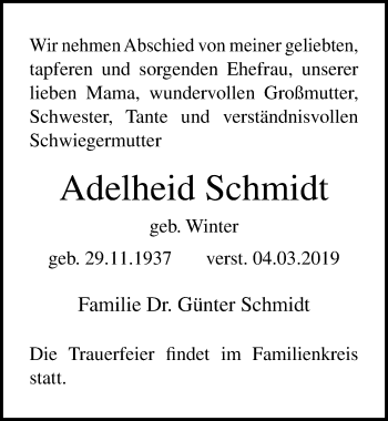 Traueranzeige von Adelheid Schmidt von Ostsee-Zeitung GmbH