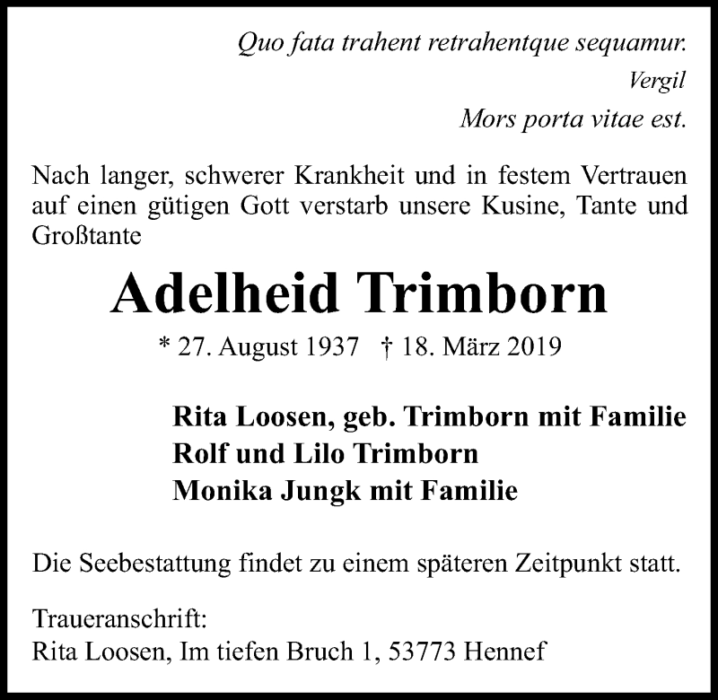  Traueranzeige für Adelheid Trimborn vom 30.03.2019 aus Kieler Nachrichten