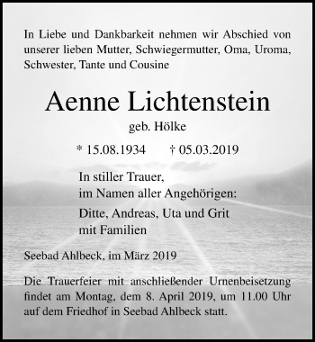 Traueranzeige von Aenne Lichtenstein von Ostsee-Zeitung GmbH
