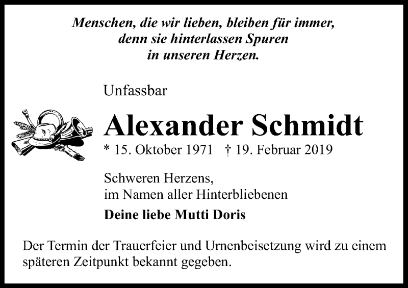  Traueranzeige für Alexander Schmidt vom 02.03.2019 aus Märkischen Allgemeine Zeitung