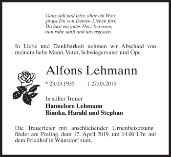 Traueranzeige von Alfons Lehmann von Märkischen Allgemeine Zeitung