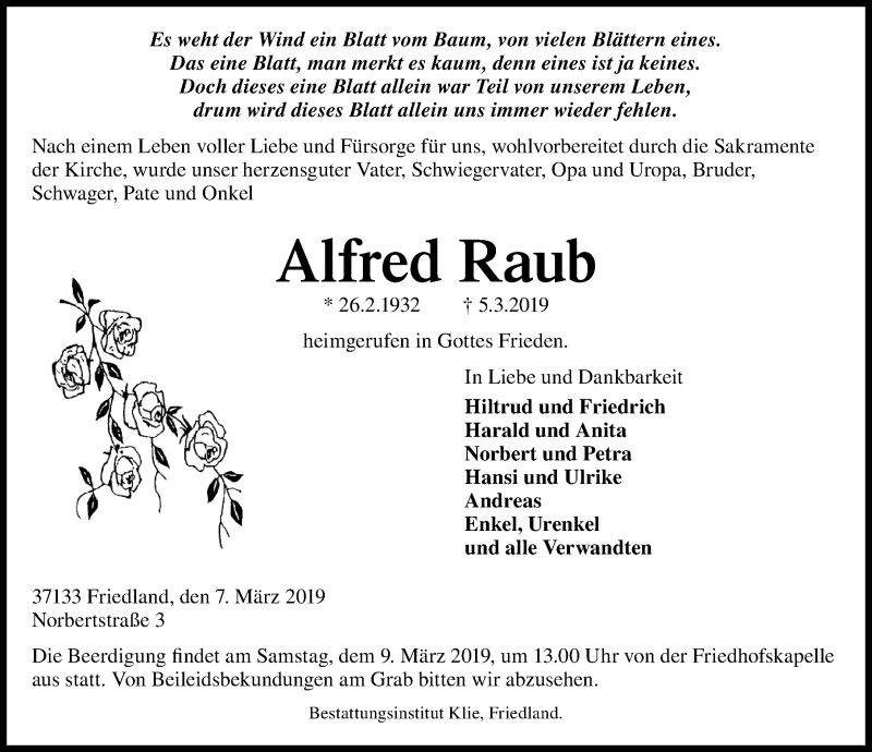  Traueranzeige für Alfred Raub vom 07.03.2019 aus Göttinger Tageblatt