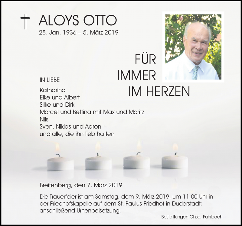  Traueranzeige für Aloys Otto vom 07.03.2019 aus Eichsfelder Tageblatt