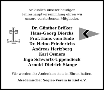 Traueranzeige von Andenken Akademischer Segler-Verein in Kiel e.V. von Kieler Nachrichten