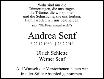 Traueranzeige von Andrea Senf von Hannoversche Allgemeine Zeitung/Neue Presse