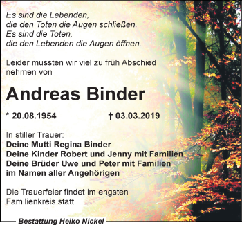 Traueranzeige von Andreas Binder von Leipziger Volkszeitung