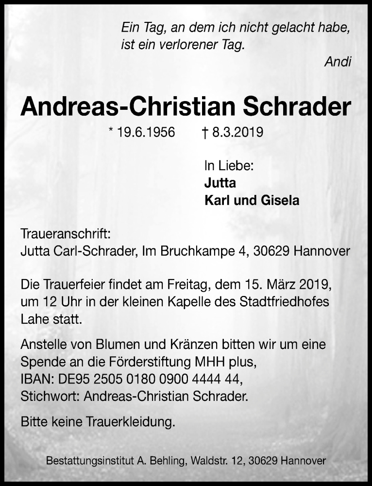  Traueranzeige für Andreas-Christian Schrader vom 12.03.2019 aus Hannoversche Allgemeine Zeitung/Neue Presse