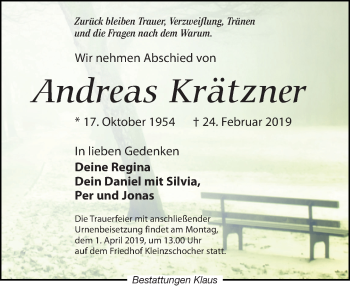 Traueranzeige von Andreas Krätzner von Leipziger Volkszeitung